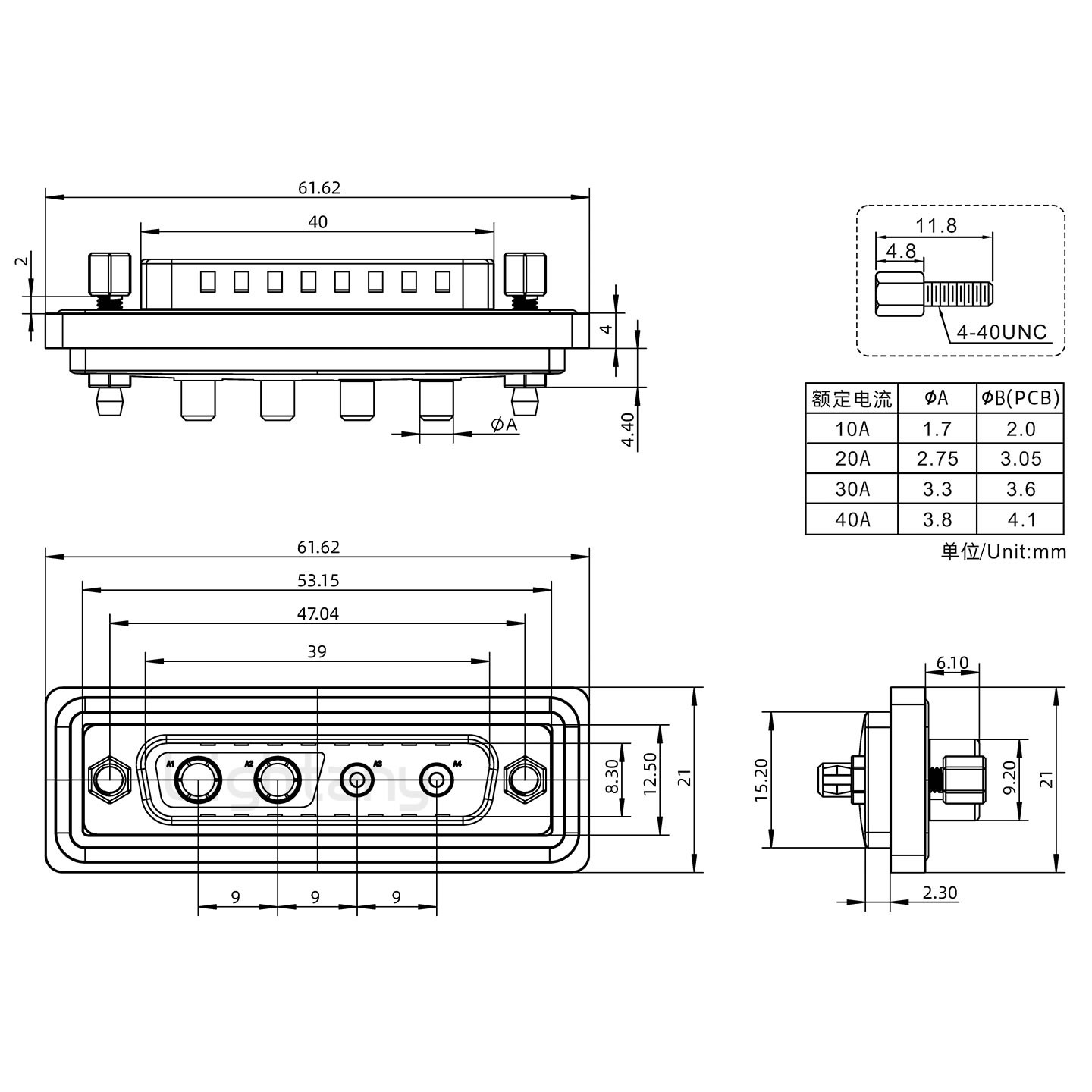 防水4V4公直插板/鉚魚叉/鎖螺絲/大電流40A