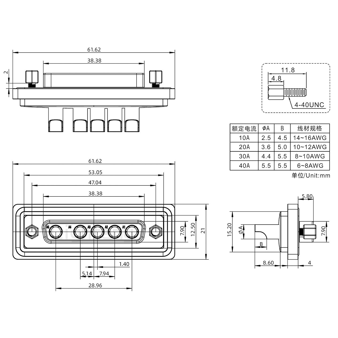 防水5W5母焊線式/鎖螺絲/大電流40A