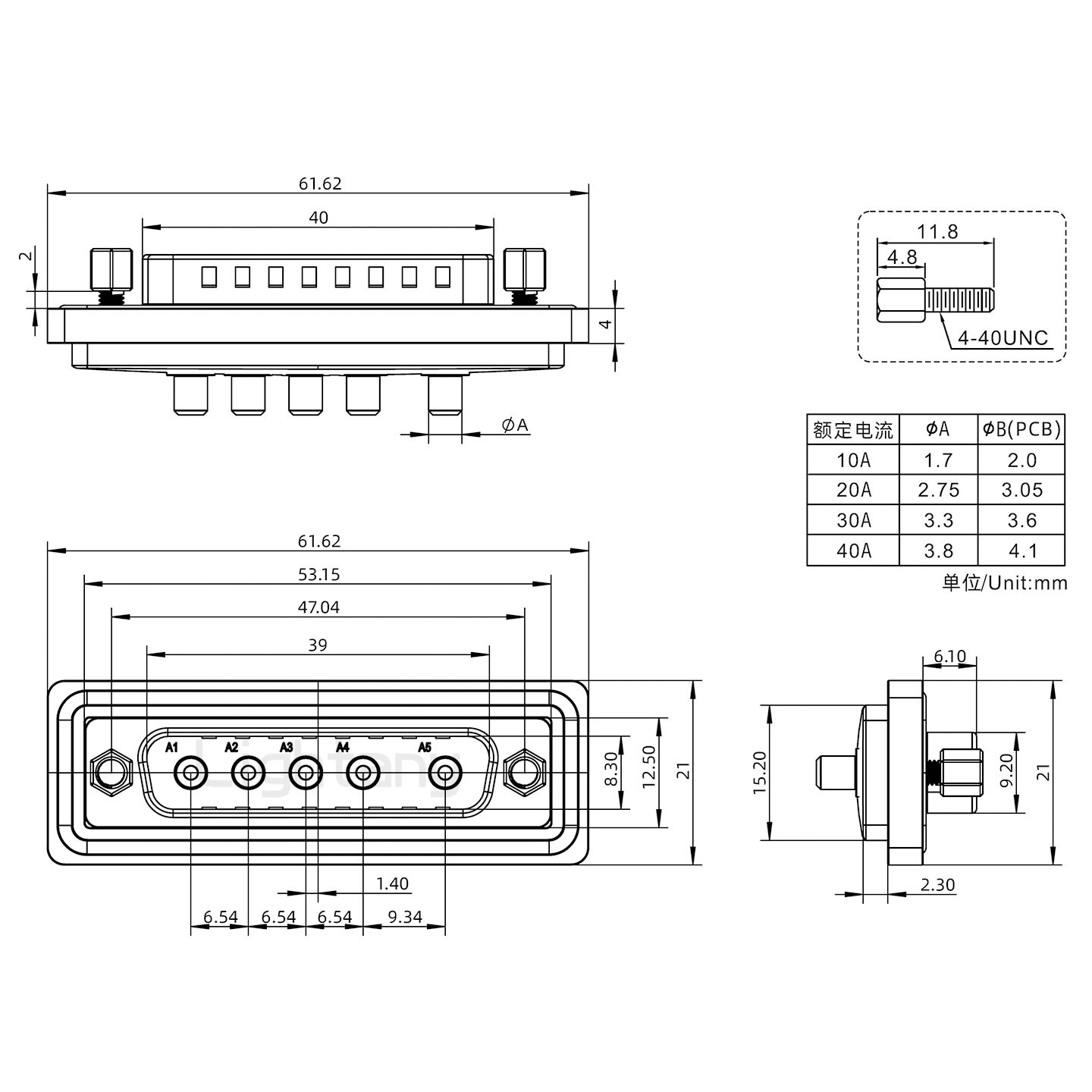 防水5W5公直插板/鎖螺絲/大電流40A