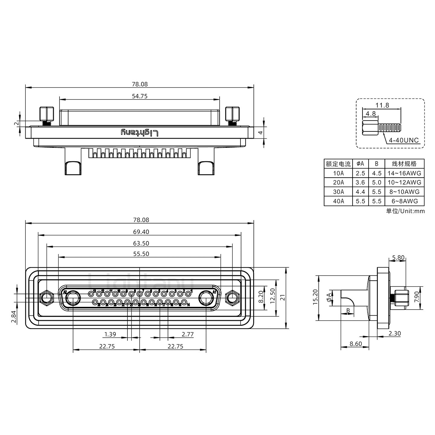 防水24W7母焊線式/鎖螺絲/大電流40A