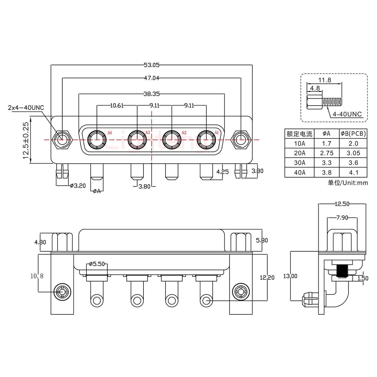 4W4母PCB彎插板/鉚支架10.8/大電流10A